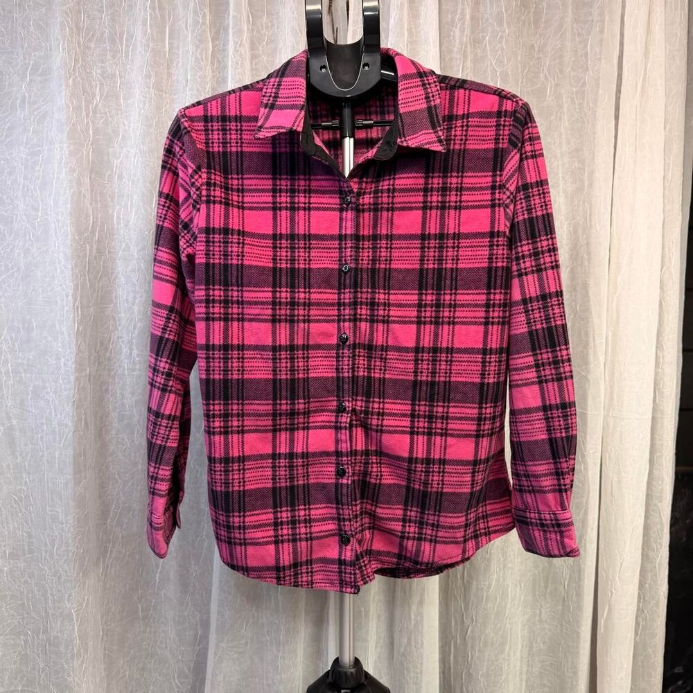 Lee Women’s Small Pink Black Plaid Fleece Button Up Shirt Long Sleeve